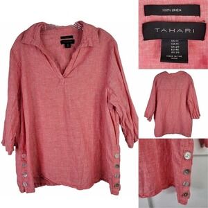 Tahari Tunic Top Womens Plus Size 1X Red Collared Long Sleeve Buttons Lagenlook